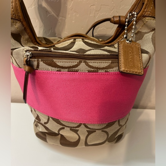 COACH pink brown signature buckle bucket shoulder bag F13862 EUC - Picture 6 of 13